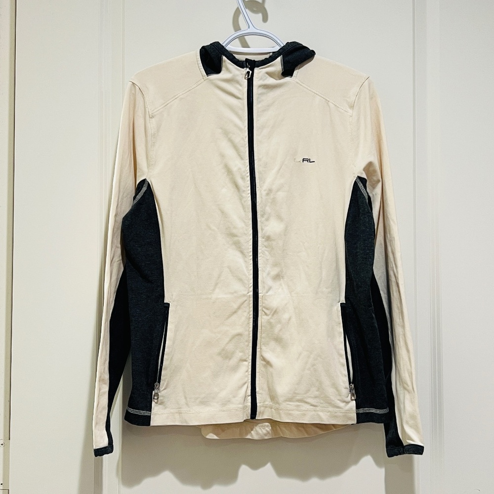 LRL Lauren Active Ralph Lauren Full Zip Women Small Hooded Jacket Cream black L